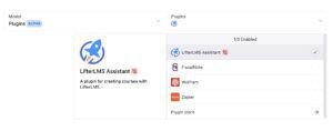 Screenshot of a plugin management interface displaying LifterLMS Assistant as the sole enabled plugin among options like FiscalNote, Wolfram, and Zapier, which are disabled. The interface also includes a search bar and an option to explore ChatGPT plugins in the store.