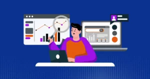 Illustration of a person analyzing data on a laptop, with two large screens in the background displaying charts and graphs. The person is holding a magnifying glass, suggesting a focus on user experience and feature compatibility in data analysis.