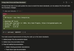 Screenshot of a VS Code editor displaying a PHP file with highlighted updates in a diff view. The updates adhere to WordPress code standards, featuring a standardized documentation block, plugin description, copyright notice, and licensing info. Below, the text lists improvements made.