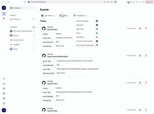 A dashboard interface displaying events from various sources enables seamless development integration. The user filters events by selecting GitHub from a dropdown menu, with event details such as action, issue, and issue URL listed below.