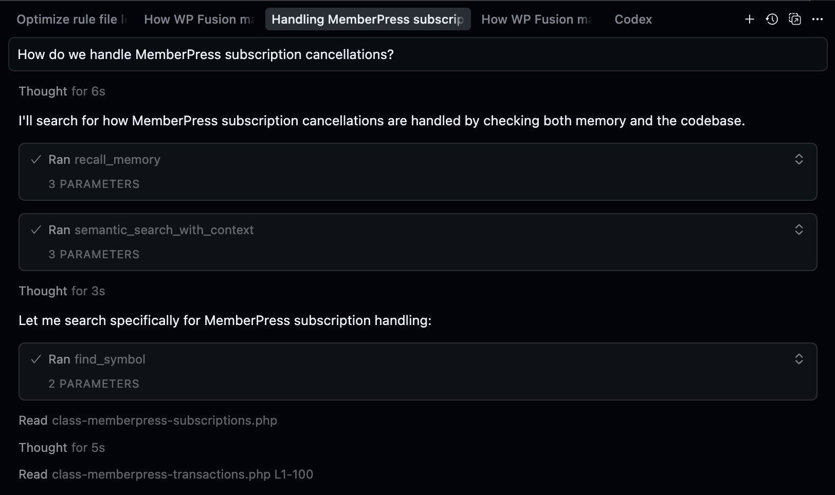A dark-themed code assistant interface shows a user querying how MemberPress subscription cancellations are handled in the WordPress plugin, followed by the assistant running three vectorized code search commands to locate relevant PHP files and functions.
