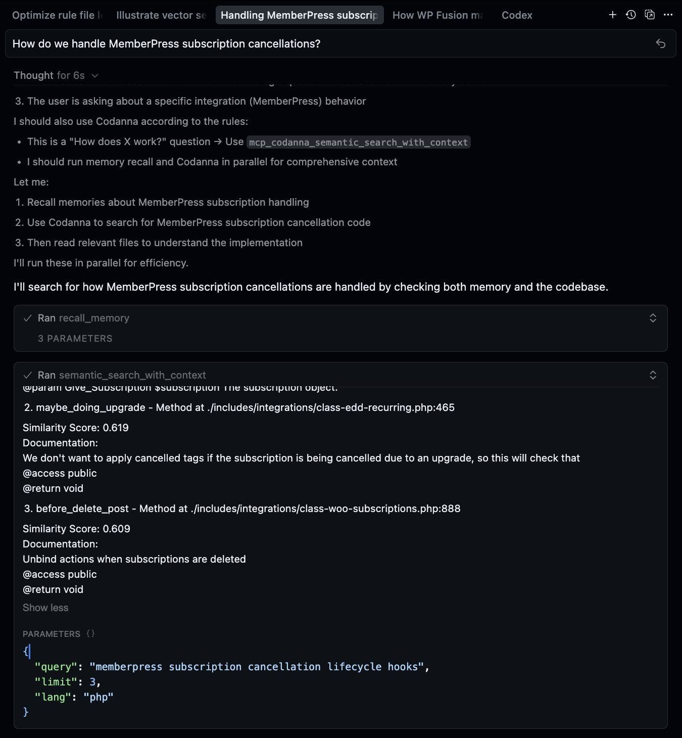 A dark-themed WordPress plugin code assistant interface displays a query about handling MemberPress subscription cancellations, featuring vectorized code snippets, parameters, and search results with suggestions and semantic scores.