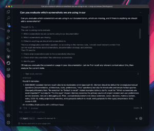 A dark-themed code editor displays a discussion about evaluating which screenshots are used in AI project documentation. The screen shows a user query, assistant’s step-by-step response, and an example code output for recalling memory.
